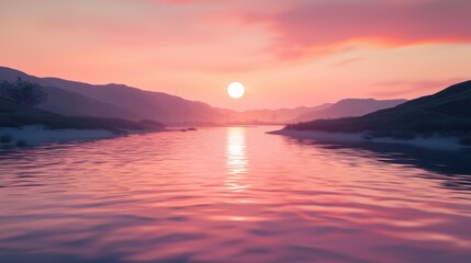 Obraz premium Serene Sunset over the Still Lake and Mountains