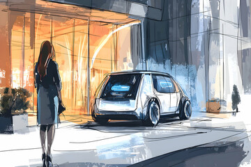 Futuristic Driverless Autonomous Transport - Innovative Smart Mobility Concept - Hand drawn sketch
