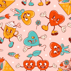 Seamless pattern for Valentines Day. Characters in old retro style. Dancing funky-groovy cute hearts, a cup of coffee, a cherries in love, a lollipop, a congratulatory envelope with flowers, a balloon
