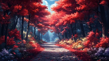 Fototapeta premium Serene path in red forest with sunlight and wildflowers