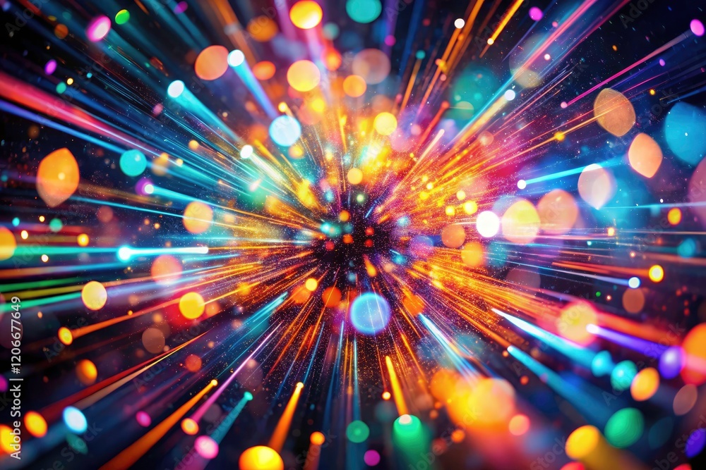 Aufkleber dynamic light streaks and glowing particles create a fluorescent, abstract neon bokeh background.