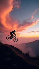Obraz premium A silhouette of a mountain biker jumping off a dirt ramp at dusk, with dynamic clouds and a glowing pink-orange horizon in the background.