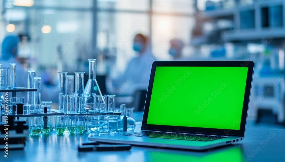 Poster laptop with green screen in a lab.