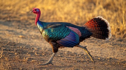 Fototapeta premium A wild turkey strutting across a field, showcasing its colorful plumage in the fall season