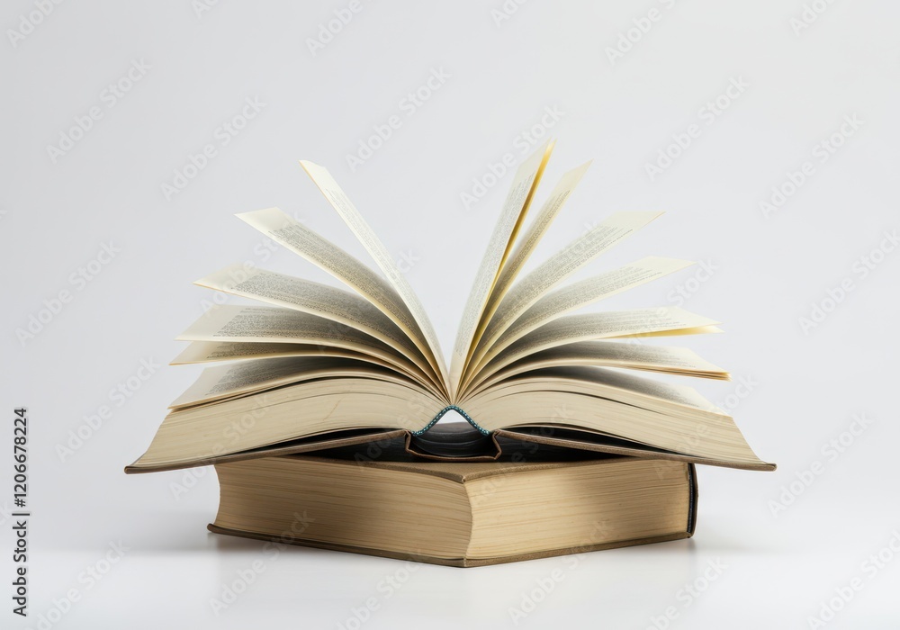 Poster an open book with fluttering pages resting on a closed book isolated on white background