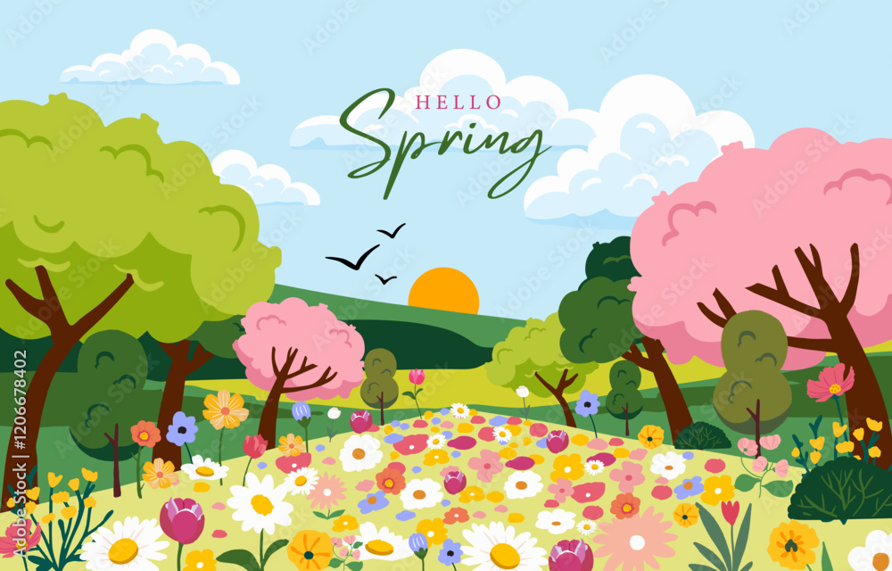Poster spring landscape background with mountain and tree for horizontal design