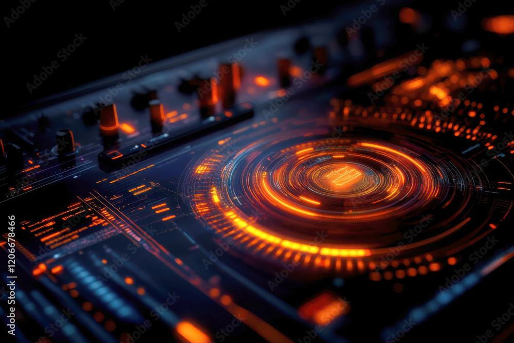 Poster futuristic interface showcasing vibrant digital controls.
