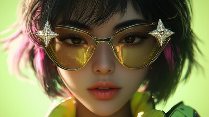 Fototapeta premium Girl with star shaped sunglasses in cyberpunk style