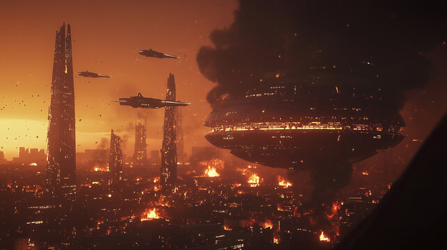 Futuristic city engulfed in flames with hovering spacecraft, burning skyscrapers, and dramatic orange glow - Powered by Adobe