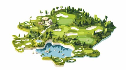 Aerial View of a Beautifully Designed Golf Course Landscape with Lush Green Fairways, Strategically Placed Water Hazards, and Scenic Nature Surroundings