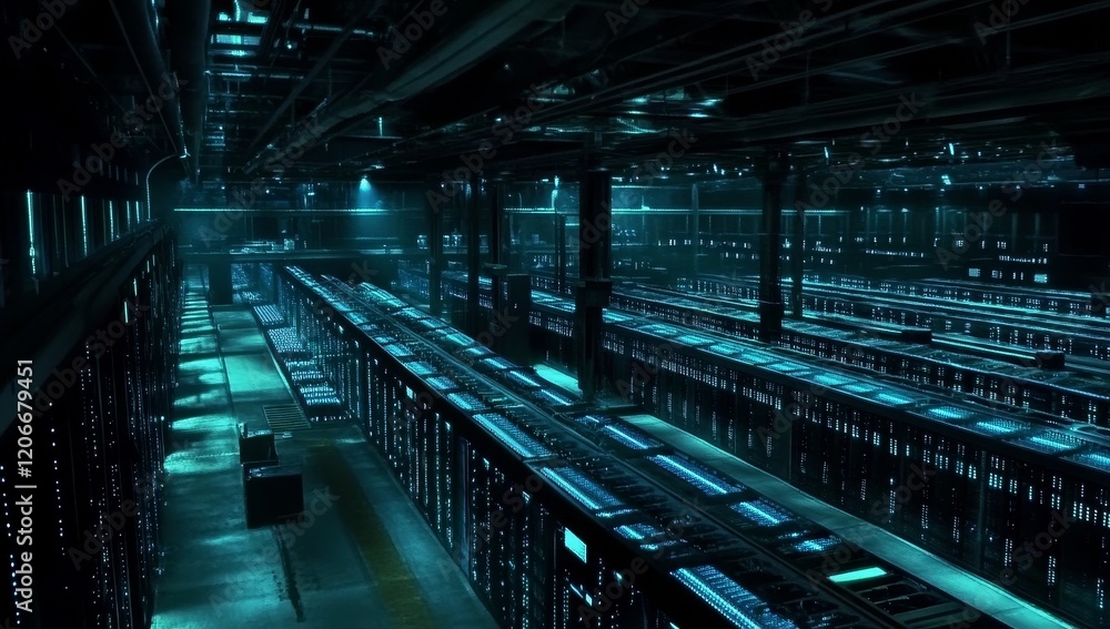 Poster Dark server room with rows of glowing servers.
