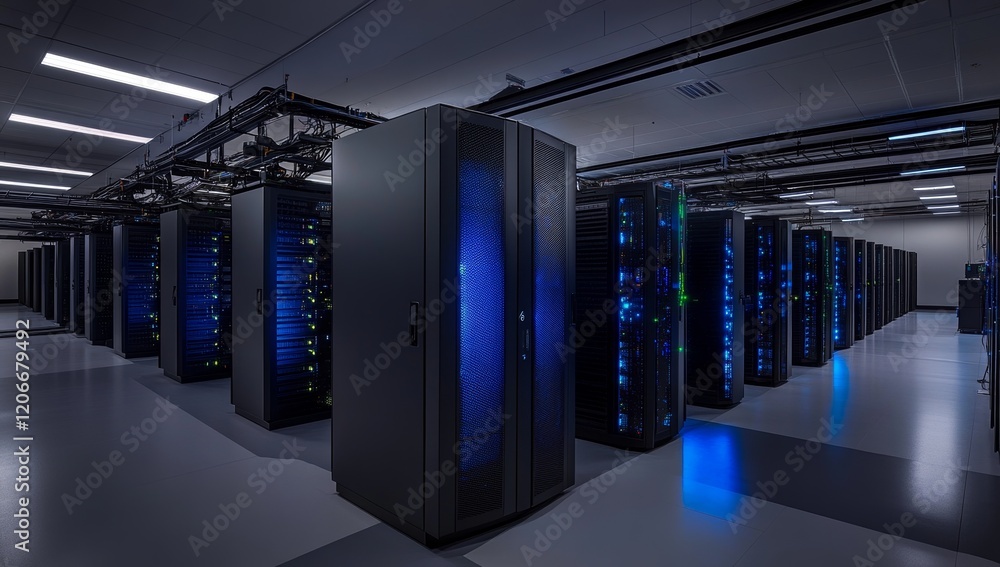 Poster Modern data center with rows of servers, illuminated with blue light.