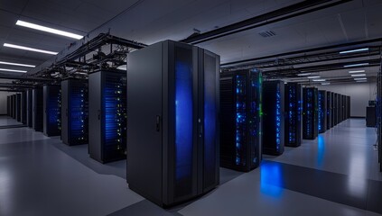 Modern data center with rows of servers, illuminated with blue light.
