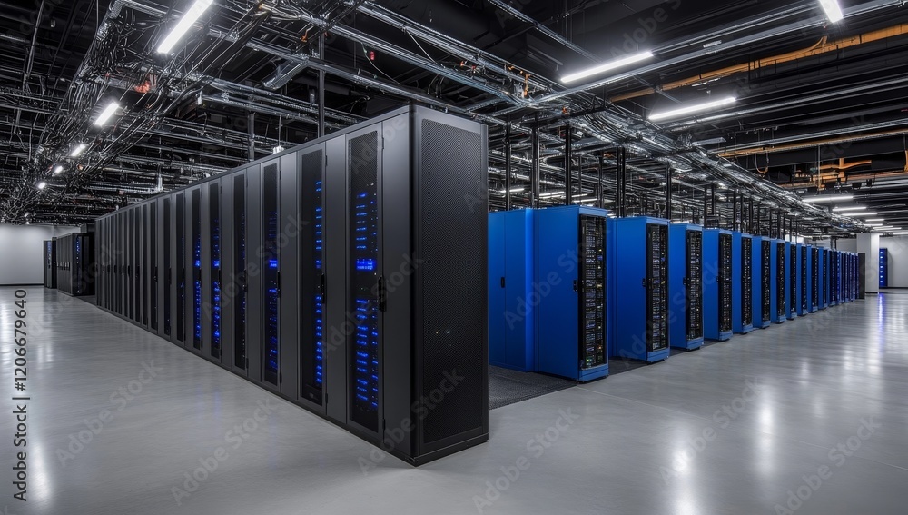 Poster Modern data center with rows of server racks.