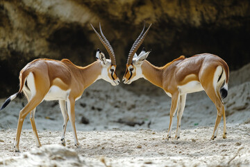Two ants standing in sand, one carrying a leaf. Blue sky and green leaves in the background.