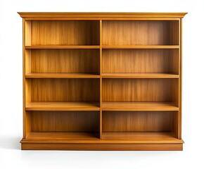 Empty wooden bookcase with multiple shelves isolated on white.