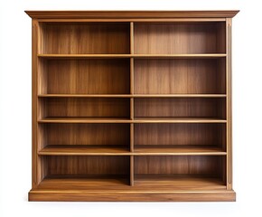 Empty wooden bookcase with multiple shelves.