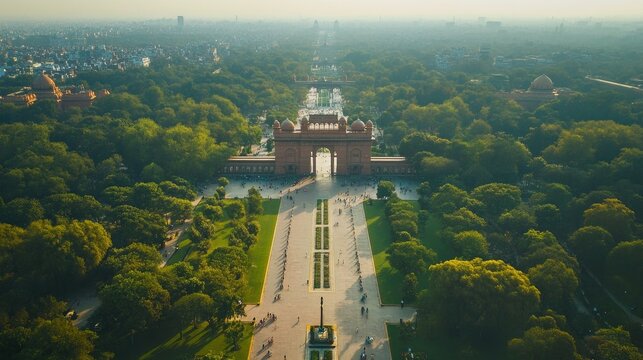 Aerial view of India Gate and Rajpath in New Delhi, showcasing symmetry and greenery.