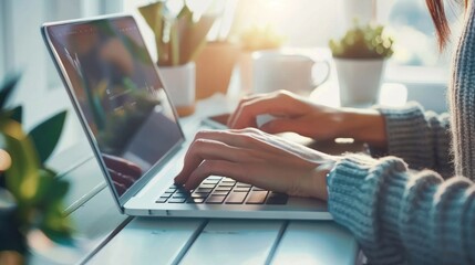Woman typing laptop home office sunlight plants (1)
