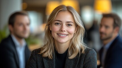 Obraz premium Smiling businesswoman in office with colleagues blurred in background.