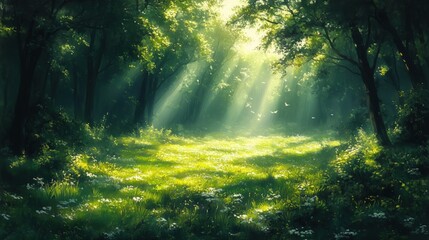 Fototapeta premium Sun rays shining through green forest with open meadow