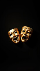 Golden Comedy and Tragedy Masks on Black Background