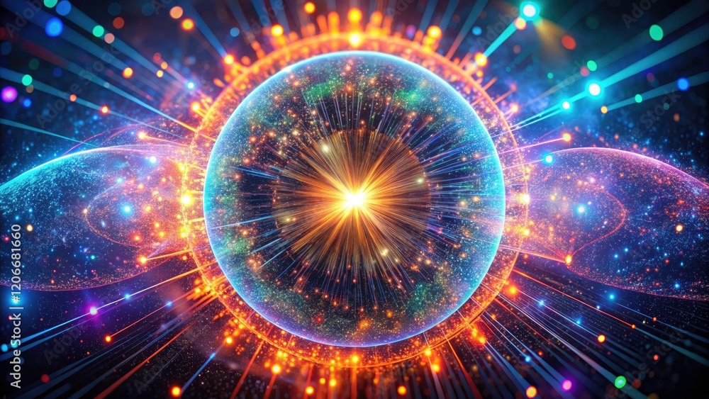 Poster futuristic ai: neon particle explosion, big data neural network visualized in a striking long exposu