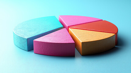 Colorful 3D pie chart with four sections on a light blue background, representing data, statistics, or market share.