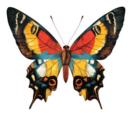 Colorful butterfly illustration with red and yellow wings, intricate patterns. Nature and wildlife art concept