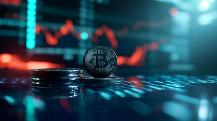 Bitcoin coins stacked on a reflective surface with vibrant data graphs in the background
