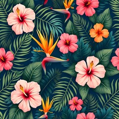 Vibrant Tropical Hibiscus and Bird of Paradise Flower Pattern