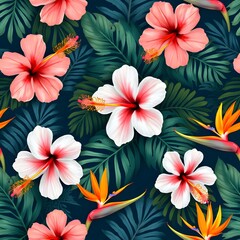 Fototapeta premium Vibrant Hibiscus and Tropical Leaves Seamless Pattern