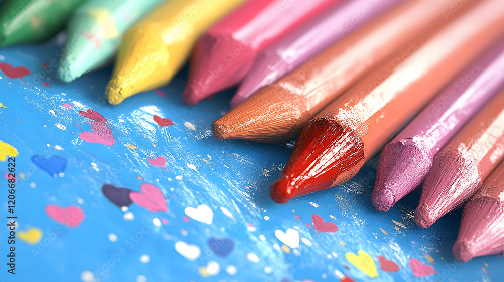 Poster a vibrant assortment of colored pencils arranged in a row, resting on a colorful backdrop adorned wi