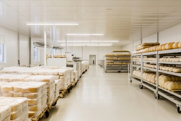 Large industrial bakery warehouse with rows of bread loaves on shelves and pallets.