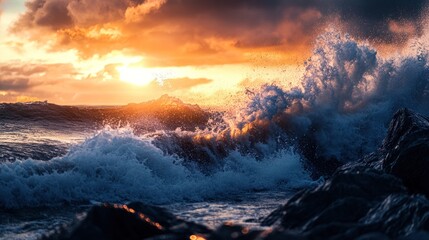 Naklejka premium Ocean Sunset Waves Crashing on Rocky Coastline