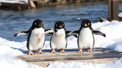 Obraz premium Three adorable penguins stand on a snowy platform, flanked by icy waters, showcasing their playful behavior in a wintery environment