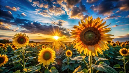 Obraz premium Golden field of sunflowers, bathed in sunset's glow, against a vivid blue sky; a picturesque scene.