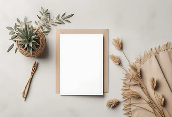 Aesthetic boho background, blank paper card mockup with copy space, minimal neutral business, brand template
