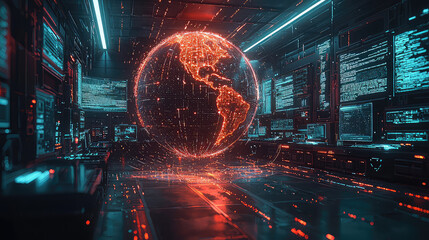 Futuristic control room with holographic Earth, showcasing global network data streams and digital codes on screens.
