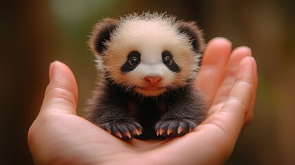 Fototapeta premium Capture a close-up shot with a shallow depth of field, showcasing a tiny, finger-sized panda resting gently on human fingers. Emphasize fine textures,