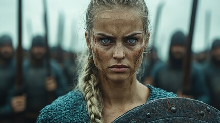 A fierce warrior woman stands in the foreground, gripping a shield, with a battalion of soldiers behind her, preparing for battle in a misty landscape