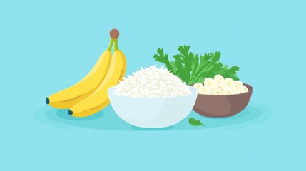 A minimalist depiction of a low-FODMAP diet, featuring easily digestible foods like rice, bananas