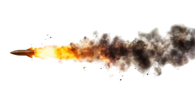Rocket launch with fiery smoke trail, isolated on transparent background 
