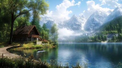 Fototapeta premium Serene lakeside cabin with mountains and lush greenery.