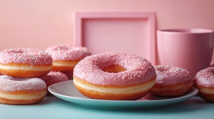 A large pink wooden frame stands empty on a cafe table, inviting menu or art display, surrounded by an assortment of freshly baked donuts, creating a warm atmosphere. 