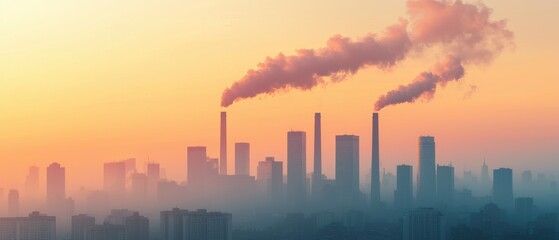 Industrial pollution rising above city skyline at sunset environmental impact urban landscape aerial view