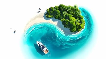 Serene Aerial View of a Tropical Island with Lush Greenery and a Luxury Yacht Gliding Through Turquoise Waters in a Dreamy Coastal Paradise