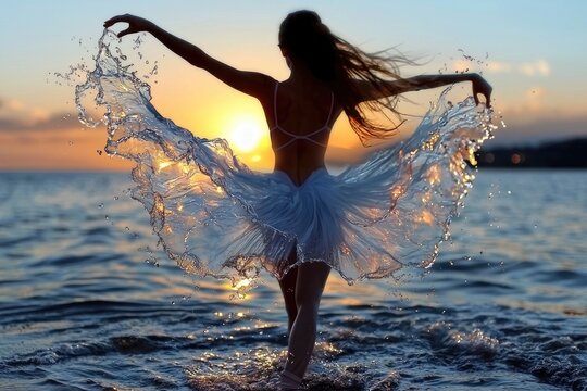 Ballerina elegance: water wave gown, graceful pose, ocean shore backdrop, fluid motion, serene beauty, dance expression, natural harmony, delicate movement, shoreline grace, mesmerizing performance.