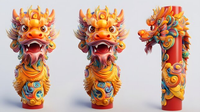 Colorful Dragon Sculptures Displayed From Multiple Angles