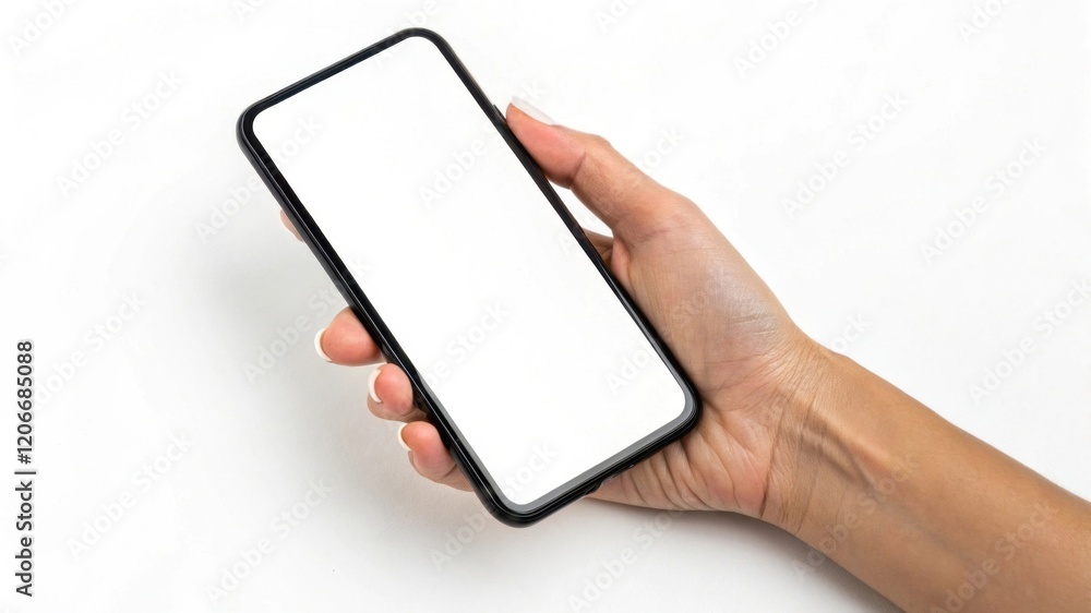 Poster a hand holds a smartphone with a blank screen against a white background, emphasizing the device's s
